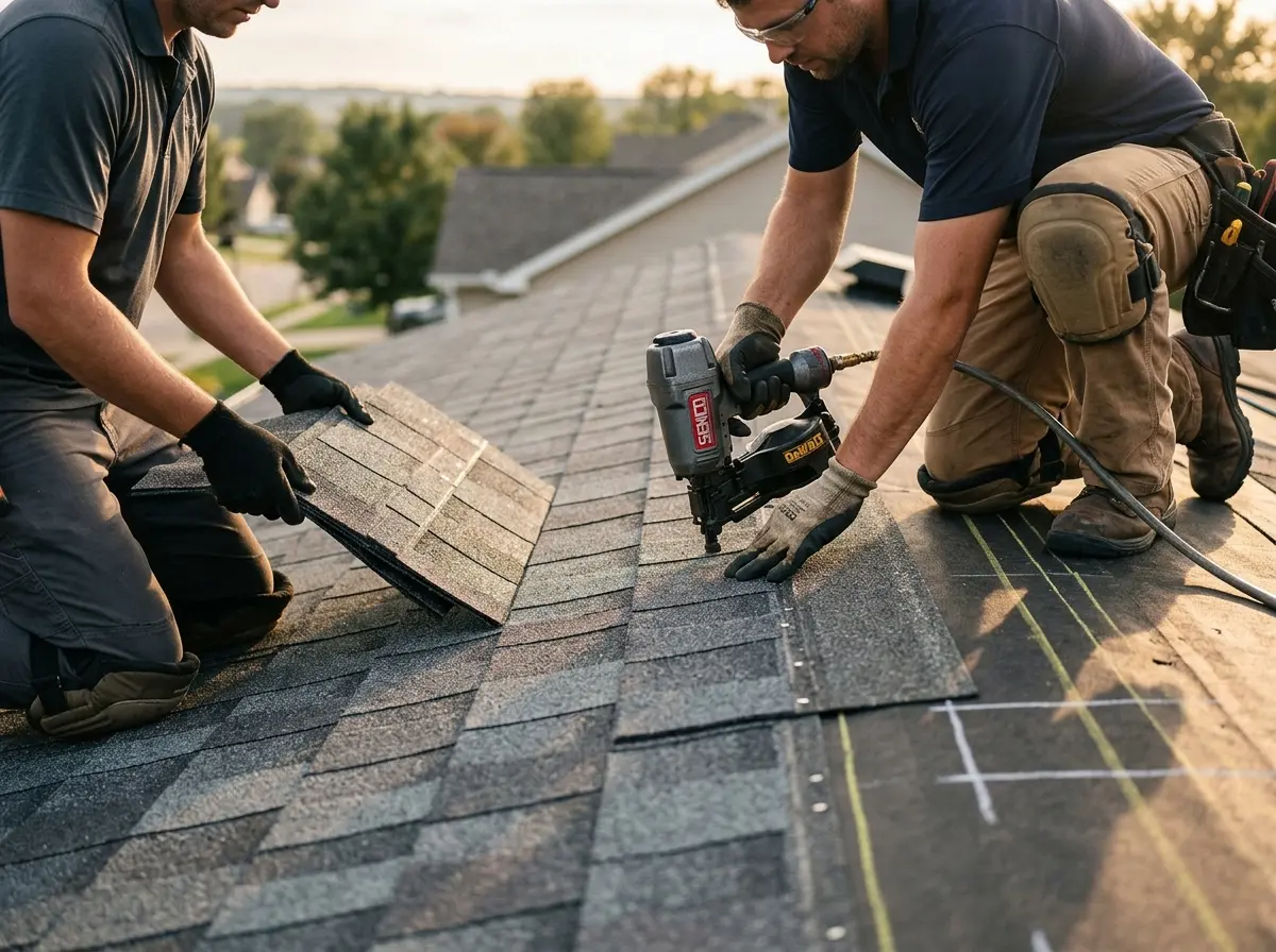 Professional roofer working on a residential roof in Berkeley Heights